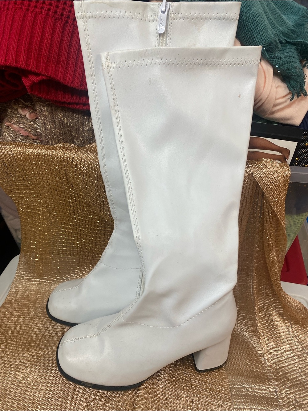 Ellie- retro style-White Knee-High Block Heel Boots - as is(scuffs)
